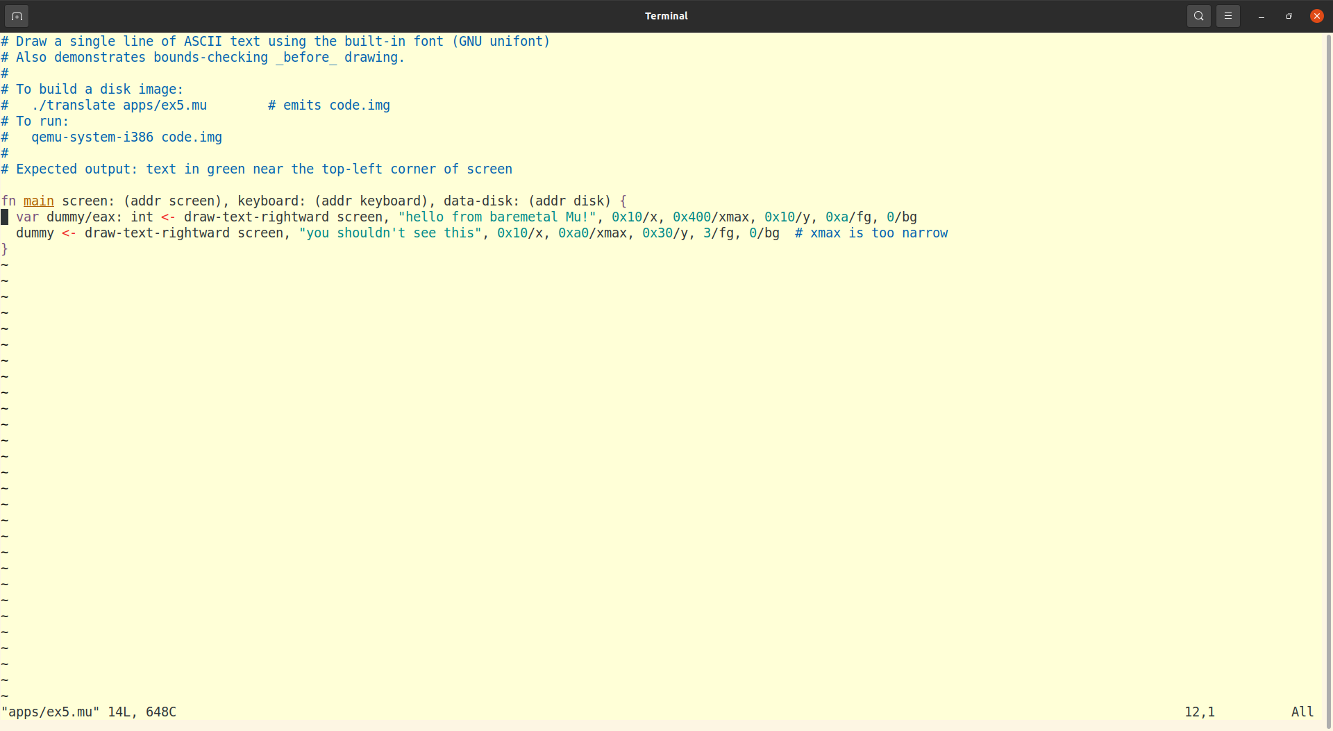 Vim text editor rendering some colors in a Mu program