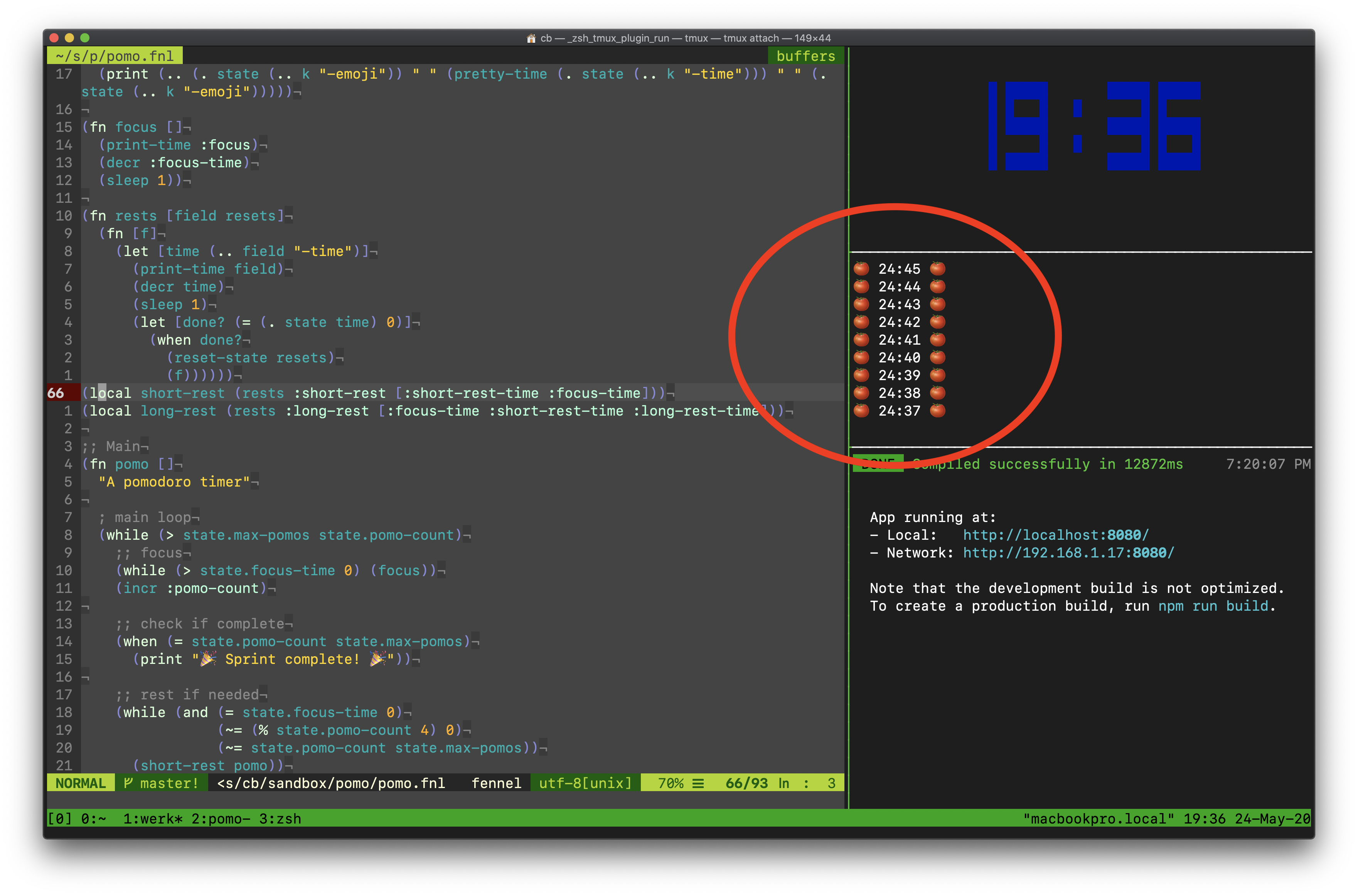 screenshot of pomo.fnl running in a small pane in tmux