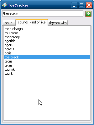 Screenshot of ToeCracker showing that "thesaurus" sounds like "toe crack"