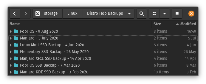 A directory with backups of important files before I replace the distro on SSD. I put the distro name and the date it was removed on the directory. It turns out I have been distro hopping once a month from February to August of 2020