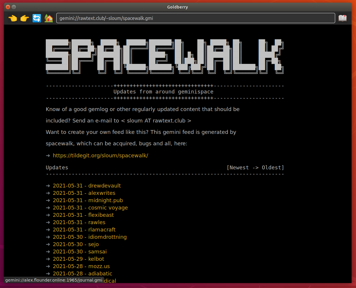 Goldberry's user interface showing a gemini capsule named 'spacewalk'